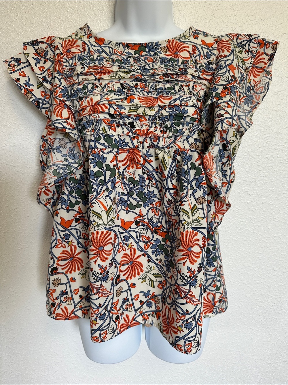 Floral Ruffle Flutter Sleeve Women's Blouse - Orange & Blue Size Medium